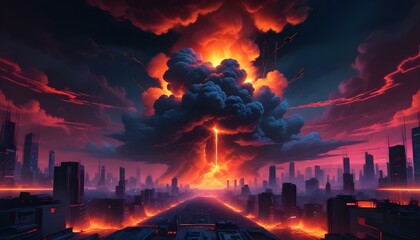 Dramáticas nubes oscuras con llamas brillantes de color naranja y rojo, lo que sugiere un gran incendio o explosión en el fondo.