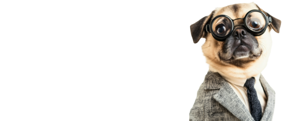 funny pug dog wearing suit & gogglesisolated over white background; concept of big data easy to understand, business analysis, medical analytics, businessman