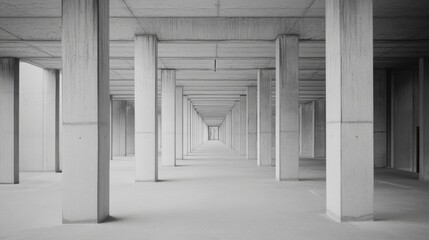 Fototapeta premium Empty concrete building interior with numerous columns creating a long perspective.