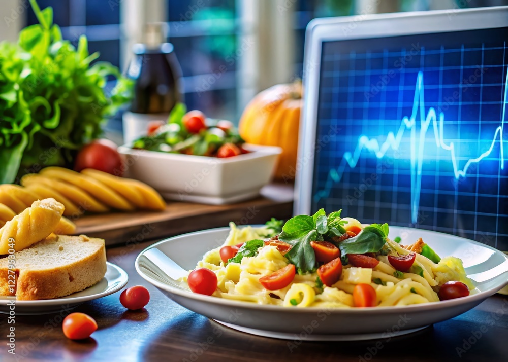 Poster high-tech seismic monitoring system display with delicious meal on desk