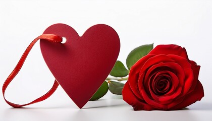 single red rose with heart tag on white background