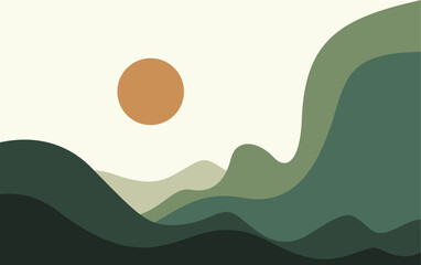 Abstract Mountain With Sun Vector Illustration. Papercut Landscape Design