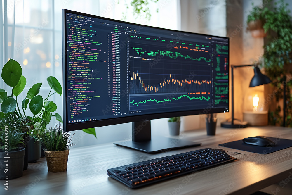 Poster modern workspace with financial data: a sleek and contemporary workspace featuring a large monitor d