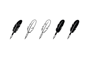 Antique Feather Pen Icons | Quill Writing Vector Set on White Background