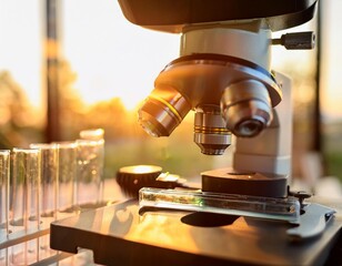 A close-up of a microscope with glass slides and test tubes in a laboratory, symbolizing scientific research and discovery.