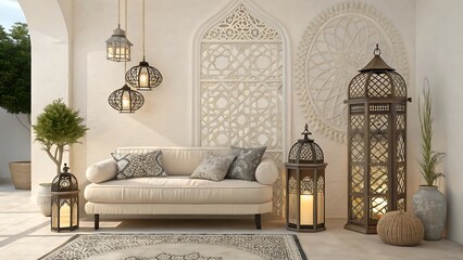 Stylish Living Room with Moroccan Lanterns and Elegant Decor