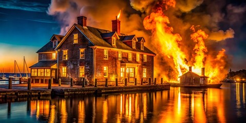Historic Federal Style House Burning at Harbor Massachusetts Long Exposure