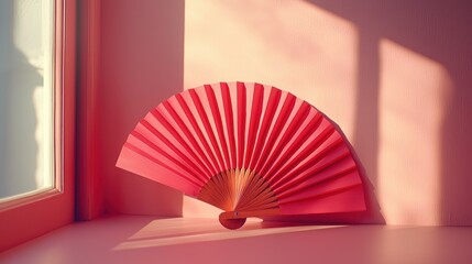 Pink hand fan windowsill sunlight summer decor