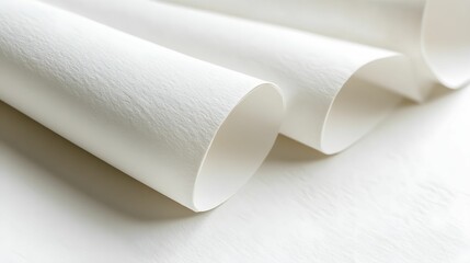Fototapeta premium White sheets of textured paper rolled together on a smooth surface in a craft workspace
