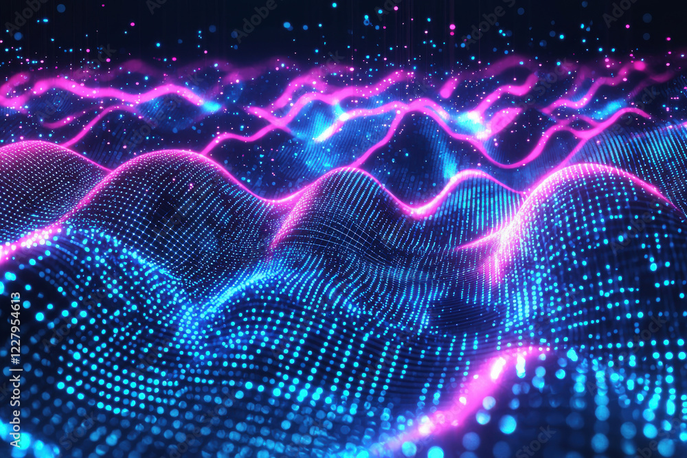 Poster dynamic abstract digital waves in vibrant cyan and magenta hues creating a futuristic visual experie
