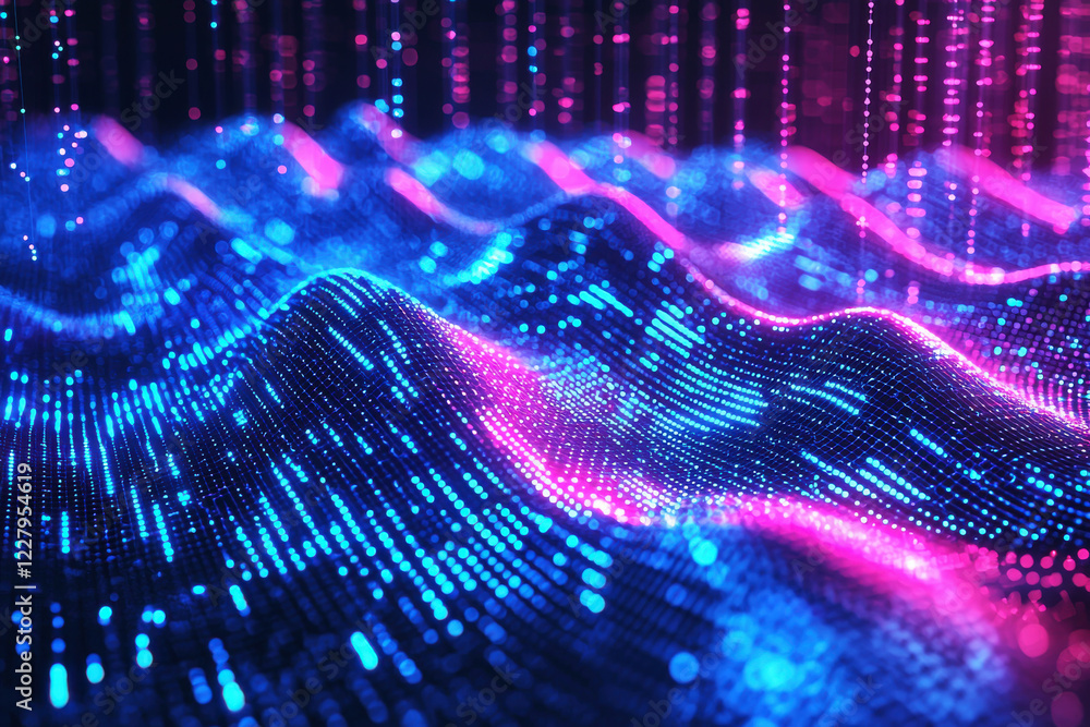 Poster dynamic abstract waves in vibrant cyan and magenta hues create a futuristic atmosphere with glowing 