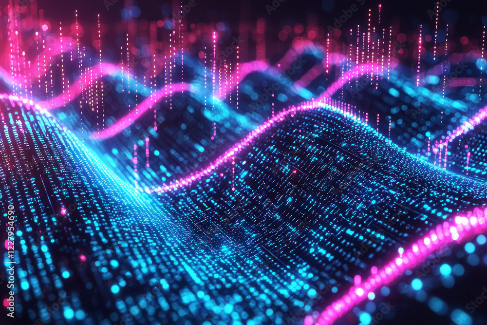 Poster vibrant abstract digital waves create a futuristic pattern of glowing data streams in cyan and magen
