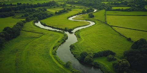 Scenic view of a winding river through lush green countryside, highlighting the natural beauty of rural landscapes.