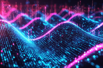 Vibrant abstract digital waves create a futuristic pattern of glowing data streams in cyan and magenta colors