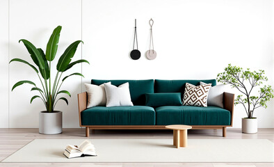 A modern living space featuring a luxurious teal velvet sofa with a wooden frame. The sofa is adorned with decorative pillows in white and teal. Two tall potted plants with green leaves flank the sofa