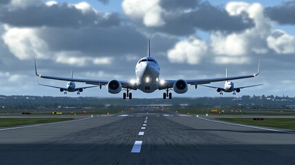 Three planes take off from a seaside runway at sunset, highlighting the beauty of aviation under a dramatic sky.