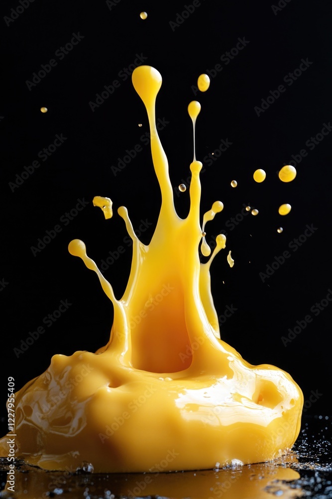 Poster yellow paint splatters, creating an abstract burst pattern on black background.