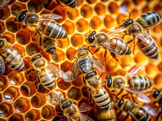 Honeycomb Architecture: Intricate Beehive Interior with Busy Bees at Work