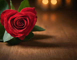 red rose on wooden background. Red Rose Shaped Like a Heart