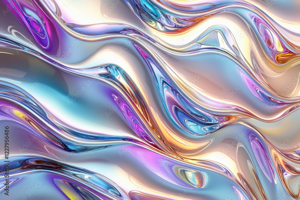 Poster fluid metallic waves create an iridescent pattern reminiscent of futuristic design and reflective su