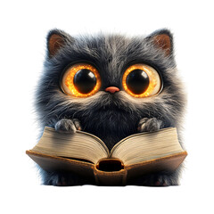 Cat Reading a Fluffy 3D Cartoon Book with Soft Rounded Corners Isolated on Transparent Background