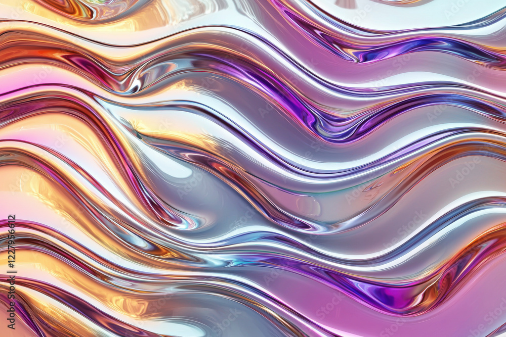 Poster fluid metallic waves create an iridescent pattern, reflecting light in a captivating display of colo