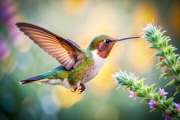 Fototapeta premium Hummingbird Feeding on Wormwood Flower Close-Up - Nature Photography