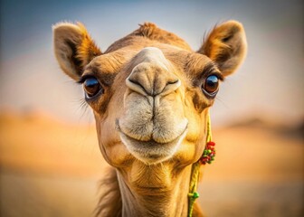 Fototapeta premium Humorous Close-up of a Camel with Fluttery Eyelashes on Sand Background - Stock Photo