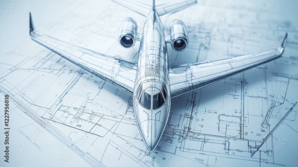Poster detailed technical blueprints illustrating the design and layout of a modern airplane model from a t
