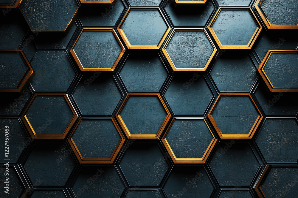 Poster symmetrical arrangement of metallic hexagons on a dark background in a futuristic design