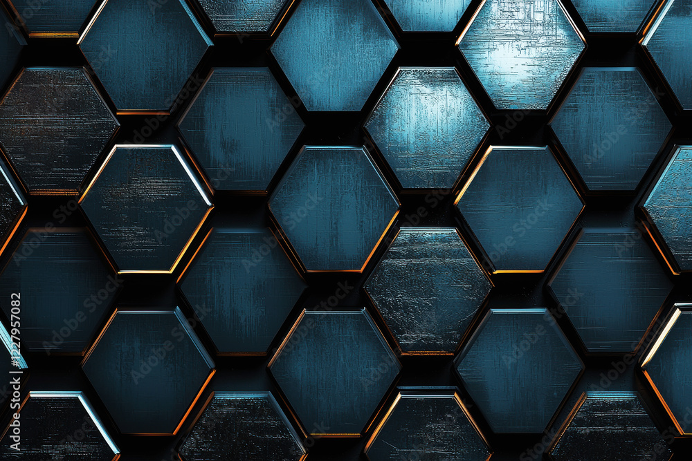 Aufkleber symmetrical arrangement of hexagons with metallic textures on dark background in a futuristic design