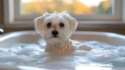 Dog bath, autumn window, bubbles, pet hygiene