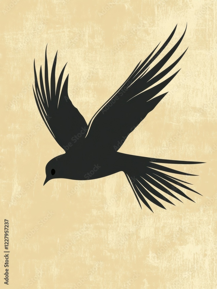 Aufkleber black silhouette of a bird soaring against a textured beige background during a calm daylight. gener