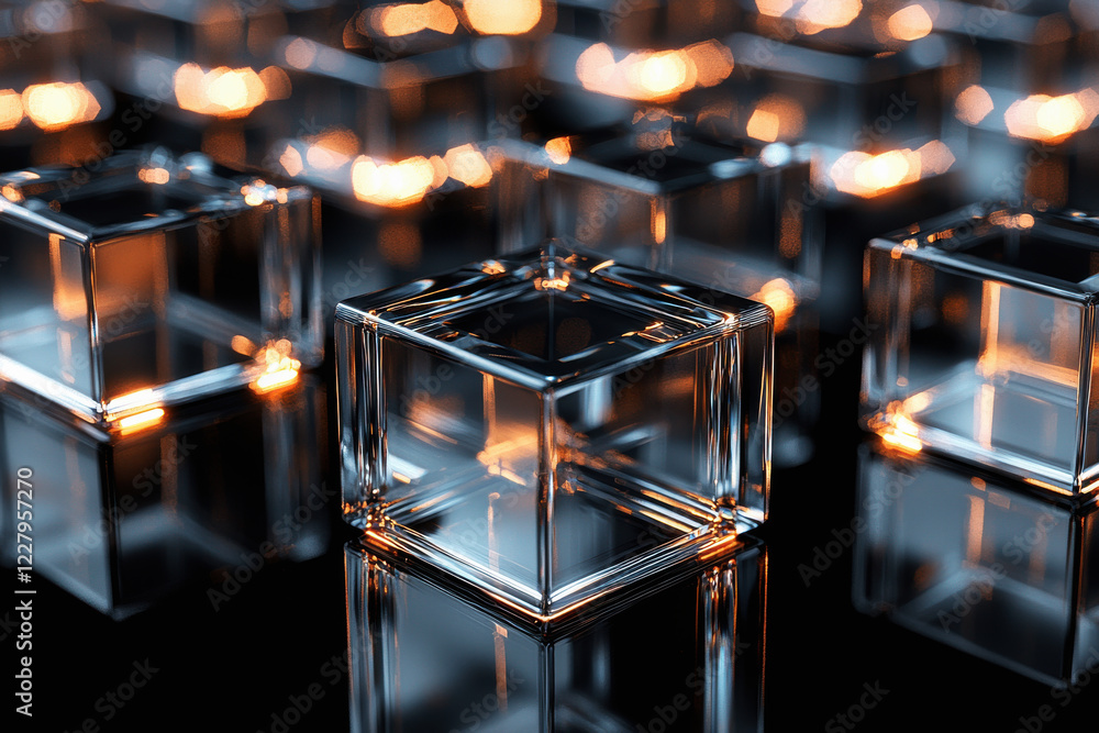 Poster layered translucent cubes create a surreal pattern on a reflective surface with glowing accents in m