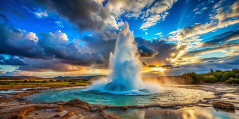Fototapeta premium Iceland's Majestic Strokkur Geyser: Erupting Blue Water, Copy Space