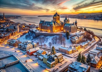 Naklejka premium Icy Morning Aerial View of Old Quebec City, Canada