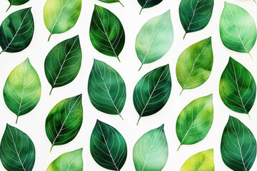 Organic leaf shapes create a vibrant repeating pattern in refreshing shades of green on a clean white background