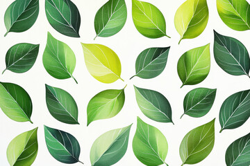 Repeating pattern of leaf shapes in vibrant green gradients on a white backdrop exudes freshness and natural beauty