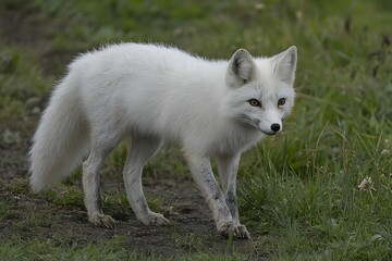 Arctic fox exploring a green landscape in summer