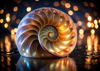 Illuminated Pearly Nautilus Shell with Bokeh, Ocean Treasure, Seashell Art, Underwater Photography, Nature Macro