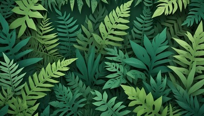 Fototapeta premium Follaje verde denso con varias hojas tropicales y helechos en un entorno natural y exuberante