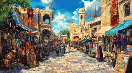 Fototapeta premium Vibrant Medieval Marketplace: A Day in the Sun-Drenched Cobblestone Streets