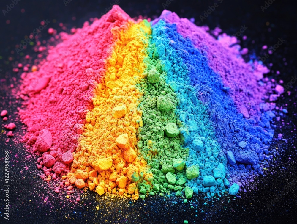 Poster this image features a vibrant array of colorful powder on a black surface, creating an abstract and 