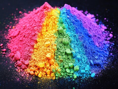 This image features a vibrant array of colorful powder on a black surface, creating an abstract and artistic background that captures the viewer's attention with its lens flare effect.
