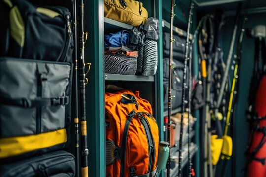 A well-organized storage shelf with various camping and fishing equipment, showcasing an array of travel bags for outdoor enthusiasts.