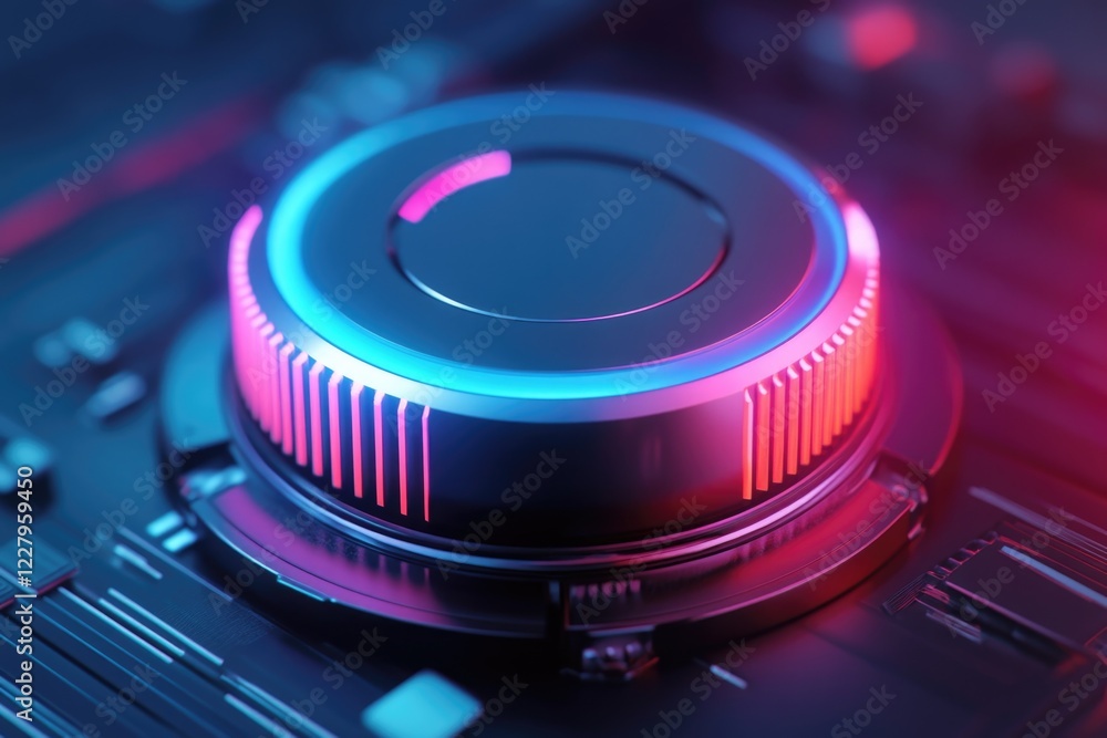 Poster microprocessor with glowing blue and red elements. digital technology background.