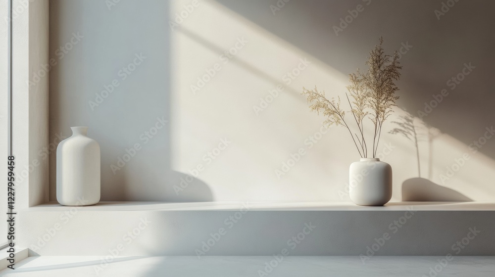 Poster minimalist interior design featuring decorative vases and natural elements in soft afternoon light. 