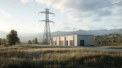 Rural power substation near mountains at dawn.