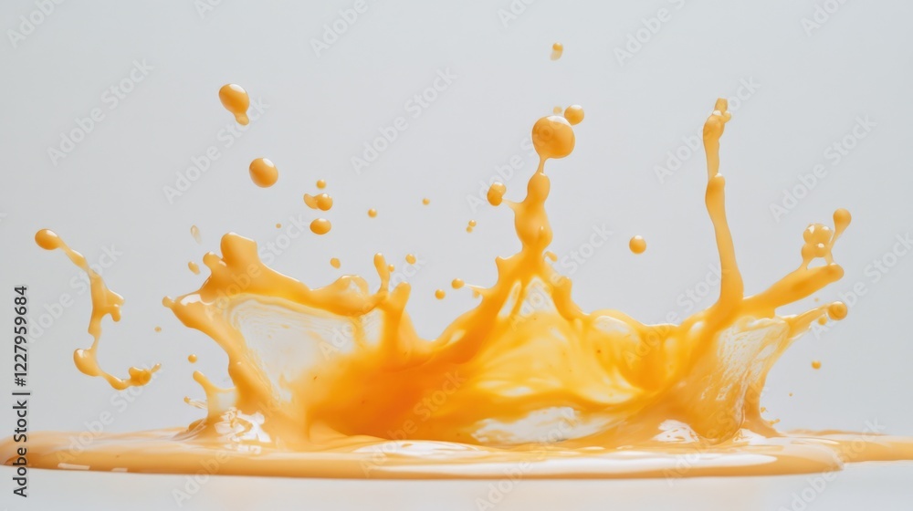 Poster frothy yellow mustard splashed onto a gray surface, forming an abstract pattern.