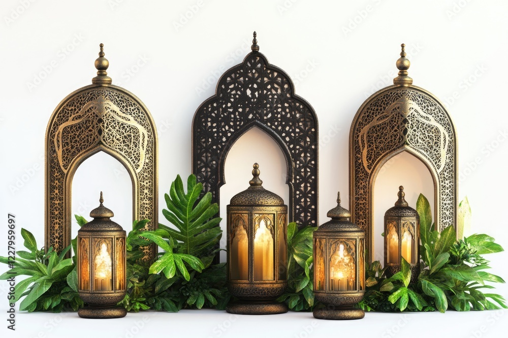 Poster a collection of ornate lanterns, some of which are lit up. the lanterns are arranged in a row, with 